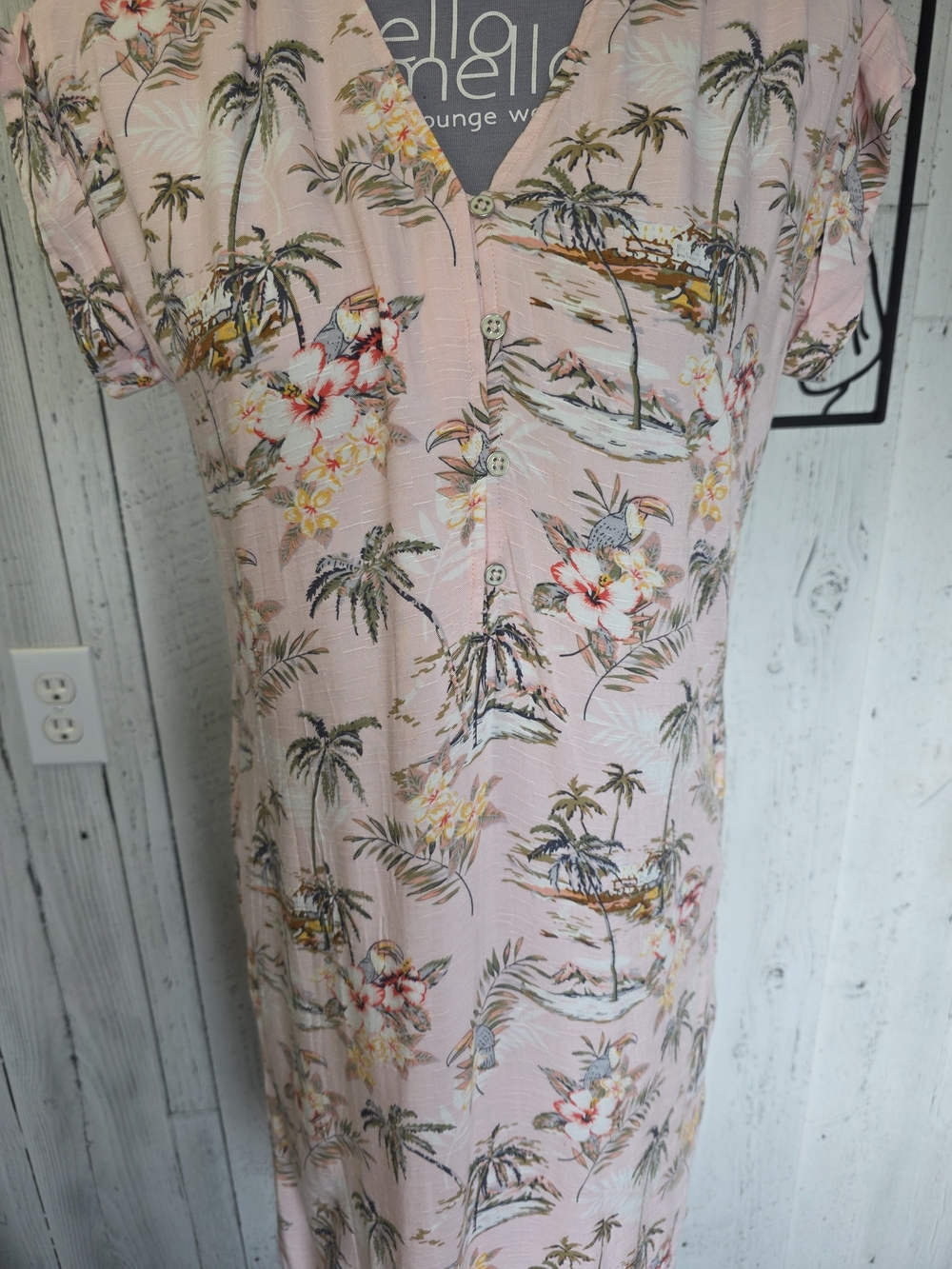 Tribal Femme Pink Tropical Palm Print Button Front Dress | Size Small | Pre-Love - Picture 3 of 14